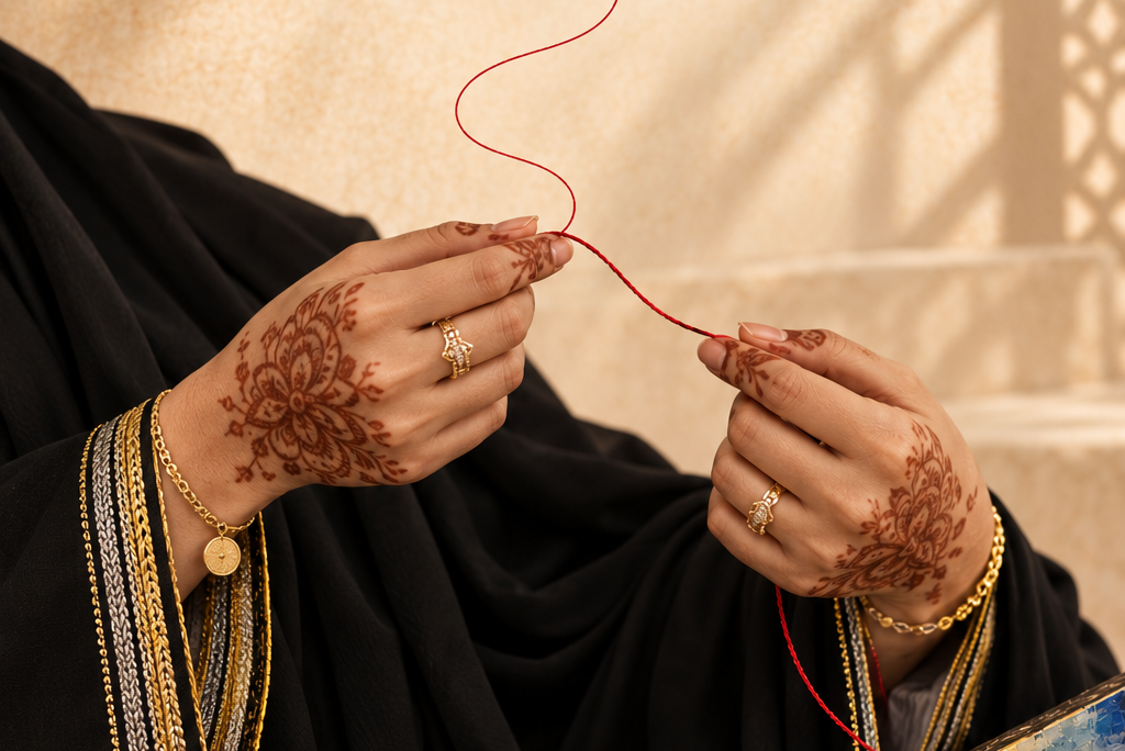 Hands carrying a red thread